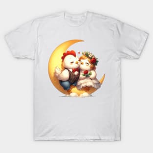 Valentine Chicken Couple on Moon T-Shirt